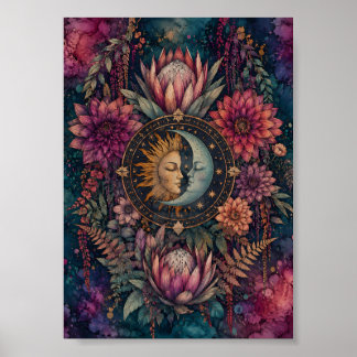 Arte floral caprichoso del sol y la luna celestial
