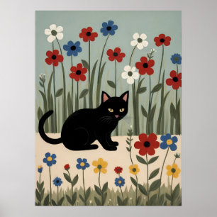 Arte floral de gato negro Pos decoración mural bot