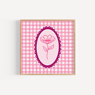 Arte floral de gingham rosa y blanco y marco
