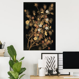Arte Floral de Otoño Vintage Japonés Negro Dorado