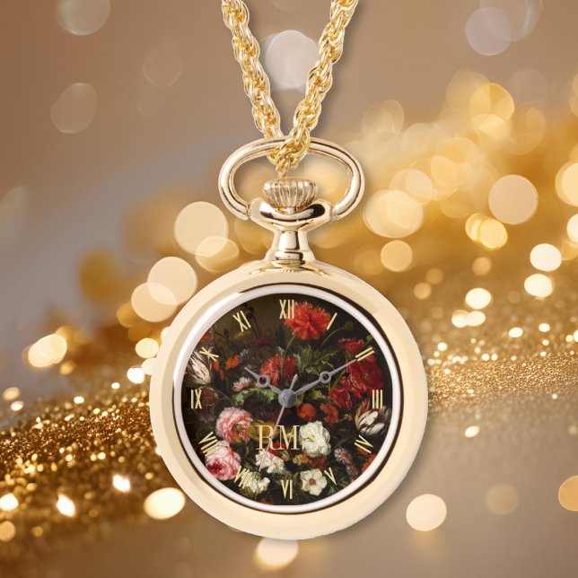 Arte Floral Elegante Monograma Reloj de collar fem (Floral Art Elegant Monogram Womens Necklace Watch)
