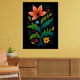 Arte Floral Folclórico Vibrante Botánico Oscuro Si