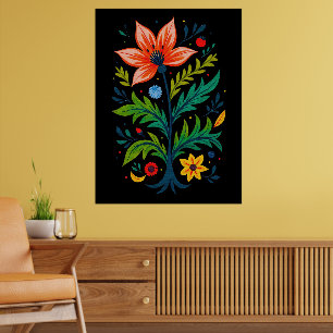 Arte Floral Folclórico Vibrante Botánico Oscuro Si