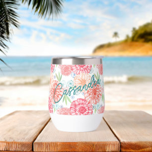 Arte floral retro Naranja de coral rojo azul verde