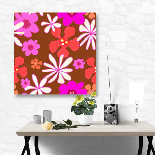 Arte floral retro rosa y naranja para la pared