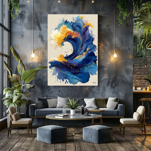 Arte fluido azul dorado de onda líquida oceánica a