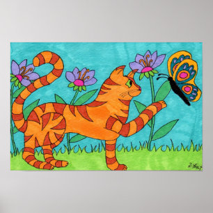 Arte folclórico de gatos y mariposas en tabby