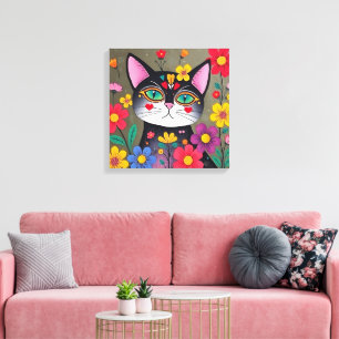 Arte folclórico lindo gato negro y flores