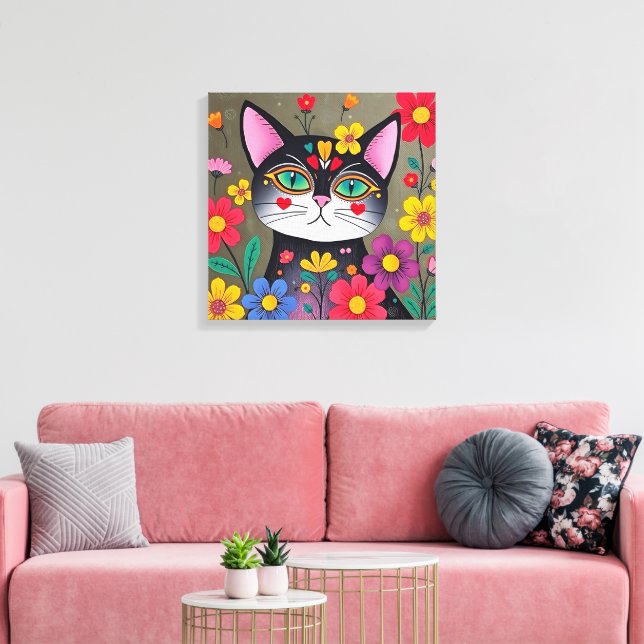 Arte folclórico lindo gato negro y flores (Insitu (Sala de estar))
