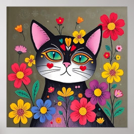 Arte folclórico lindo gato negro y flores