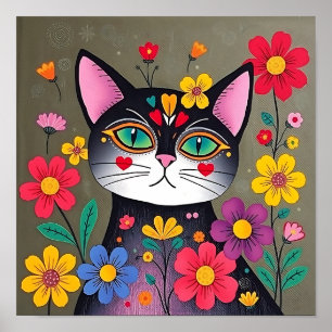 Arte folclórico lindo gato negro y flores