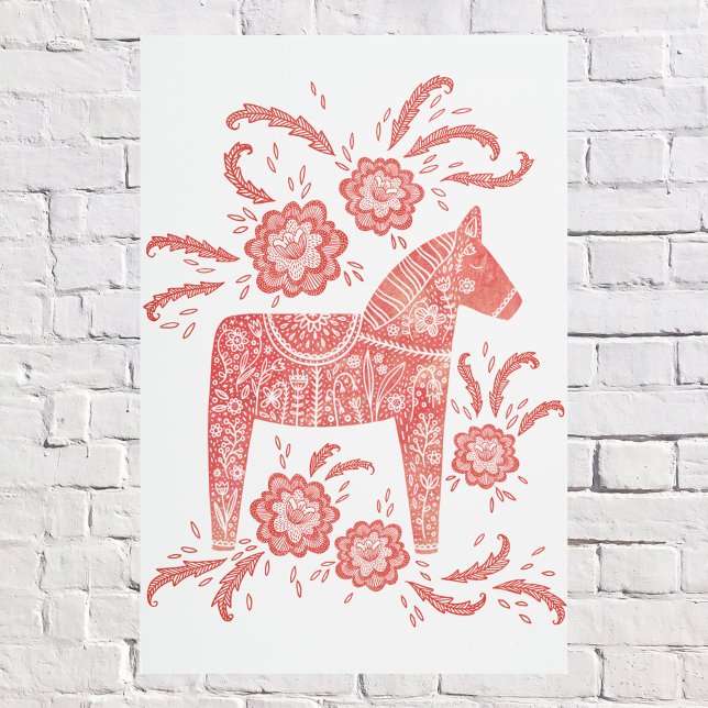 Arte folclórico rojo y blanco de Dala sueco (Swedish Dala Horse red and white metal art print)