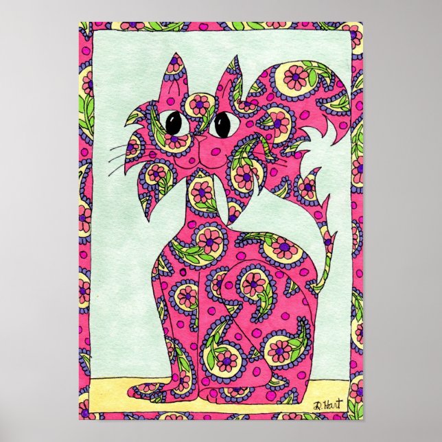 Arte folclórico rosado Paisley Cat (Frente)
