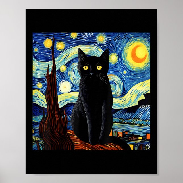 Arte Gato Negro Divertido Pintura Artista Van Gogh (Frente)