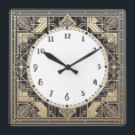 Arte geométrico Decoro Reloj Negro crema línea de<br><div class="desc">reloj art deco,  reloj art nouveau,  blanco crema dorada,  cuadrado de los años 20,  elegante estilo sofisticado de 1920,  antigüedades retro vintage,  fantasía antigua,  arte de la línea dorada,  reloj cuadrado minimalista sencillo,  diseño minimalista y elegante</div>