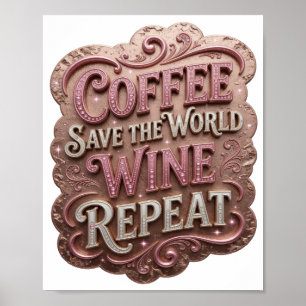 Arte icónico rosa CAFE SALVA EL MUNDO VINO REPITE 