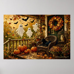 Arte impreso de búho de porche de Halloween gato n