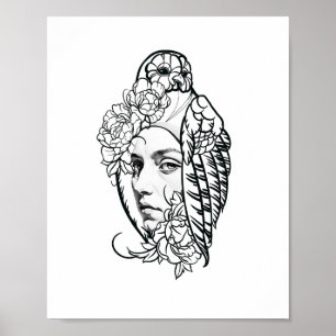 Arte impreso de mujer y loro por Storey Art