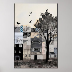 Arte Impreso de Paisaje Urbano Monocromo Surrealis