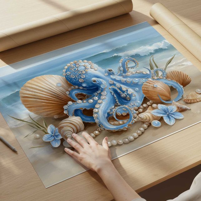 Arte Impreso de Pared de Pulpo Azul Costero | Póst (Blue Octopus Coastal Wall Art Print | Wall Poster by TinkPrints.)