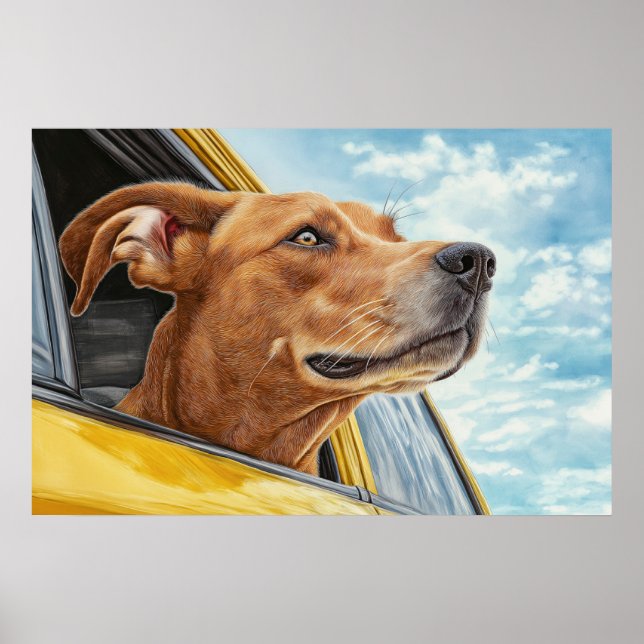 Arte impreso de perro feliz en coche amarillo (Frente)