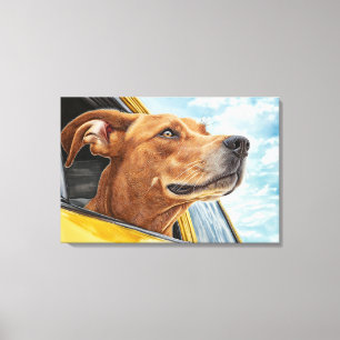 Arte Impreso de Perro Feliz en Coche Amarillo