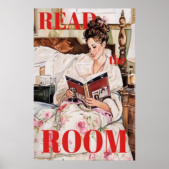 Arte impreso de rincón de lectura retro con mujer  (Frente)