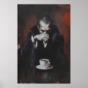 Arte impreso de vampiro bebiendo café, gótico oscu