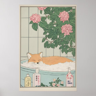 Arte impreso de zorro en bañera al estilo japonés