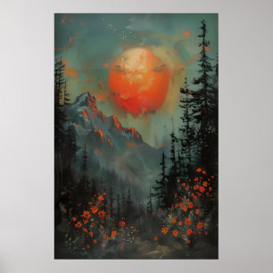 Arte impreso del paisaje montañoso al atardecer, b