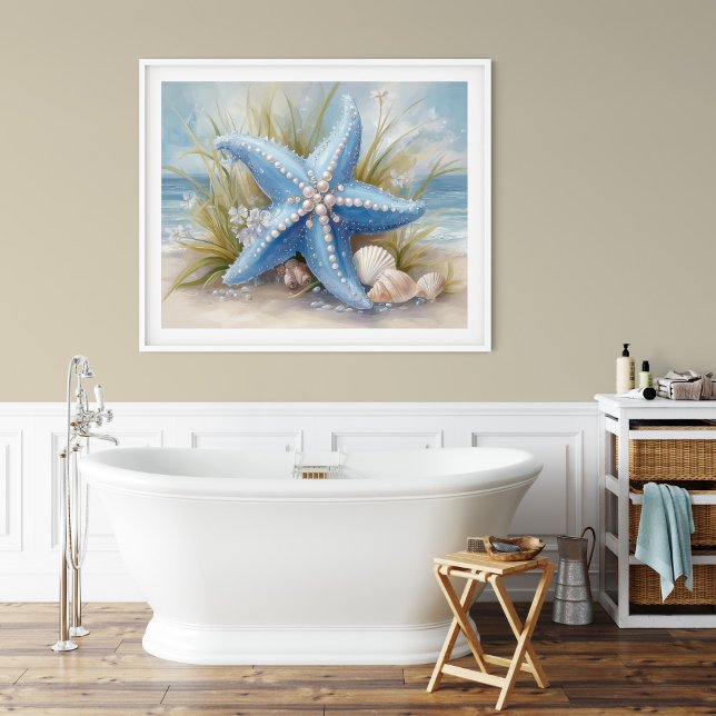 Arte impreso para pared de estrella de mar azul su (Soft Blue Starfish Coastal Wall Art Print | Poster by TinkPrints.)