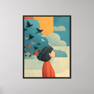 Arte impreso surrealista vintage de mujer en pared