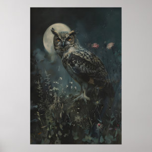Arte Imprimible de Búho Nocturno con Cuernos, Luna