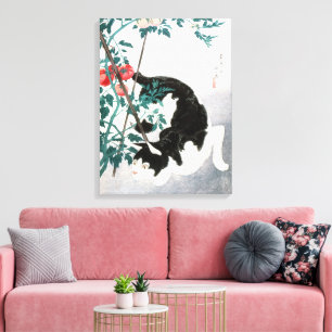 Arte Japonés Antiguo Gato Blanco y Negro Tomate