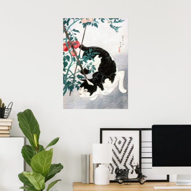 Arte Japonés Antiguo Gato Blanco y Negro Tomate (Oficina en casa)