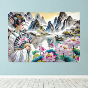 Arte japonés con Lady, Lotus y Montañas