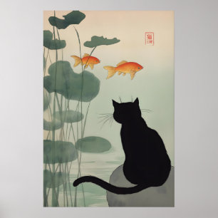 Arte japonés de gato negro impreso estanque y pez