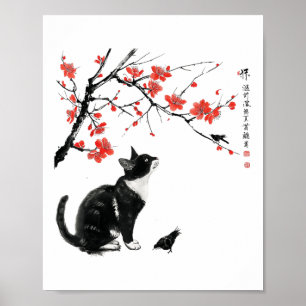 Arte japonés de la naturaleza_ Gato y pájaro con f