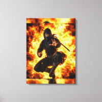 Arte japonés de Ninja guerrero en fuego en pared