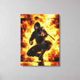 Arte japonés de Ninja guerrero en fuego en pared