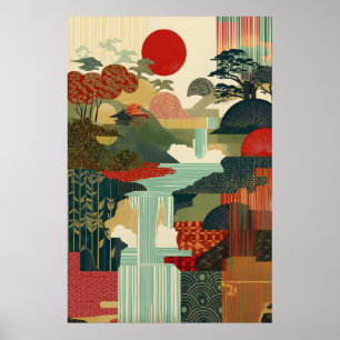 Arte japonés de paisaje Impresión Sol Rojo, Cascad