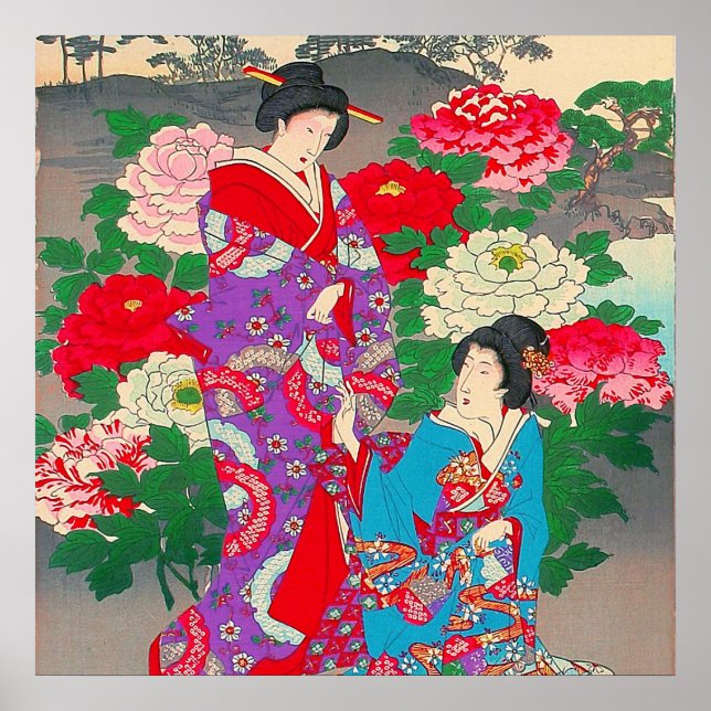 Arte Japonés - Dos Mujeres Hablando En Jardín Rosa (Frente)