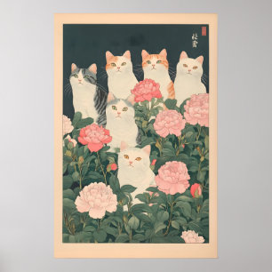 Arte japonés vintage Ukiyo-e de gatos entre flores