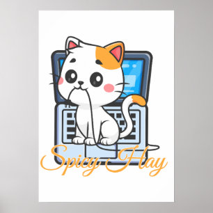 Arte Kawaii de Gato Divertido Mordiendo Cable de H