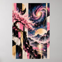 Arte Lunar Geométrico de Sakura Cósmica Rosa Dorad
