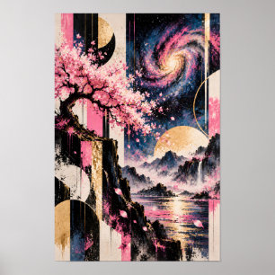Arte Lunar Geométrico de Sakura Cósmica Rosa Dorad