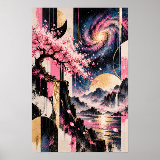 Arte Lunar Geométrico de Sakura Cósmica Rosa Dorad
