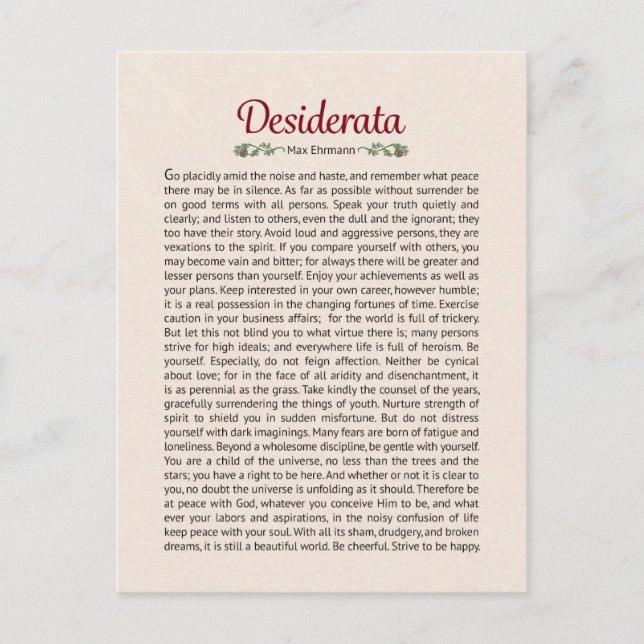Arte Mini de Tarjeta Postal del Poema Desiderata (Anverso)