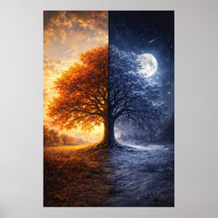 Arte Místico Roble Día Noche Invierno Otoño