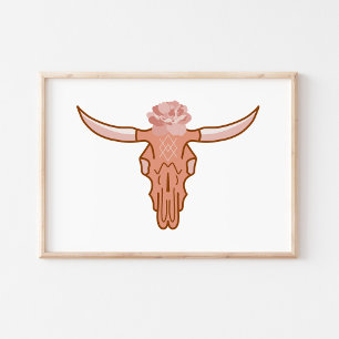 Arte moderno boho de cráneo de vaca con flores